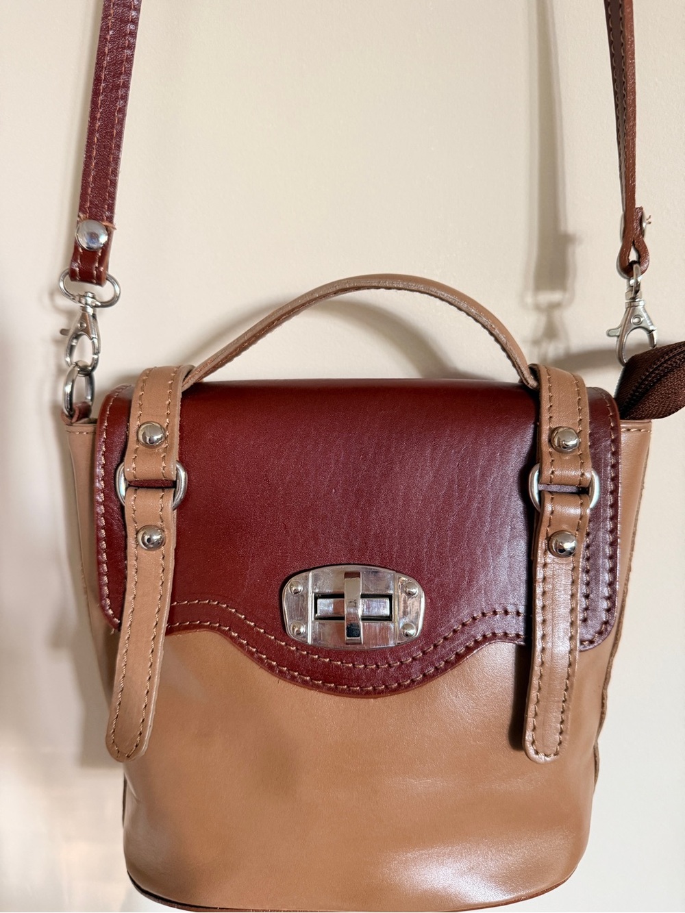 Leather Two-Tone Crossbody Bag in Burgundy and Tan